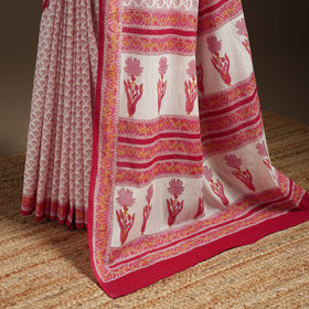 Pink - printed mul cotton sanganeri saree - handcrafted