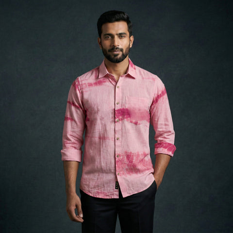 Pink - pure cotton full sleeve tie-dye men shibori shirt 17