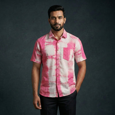 Pink - pure cotton half sleeve tie-dye men shibori shirt 43