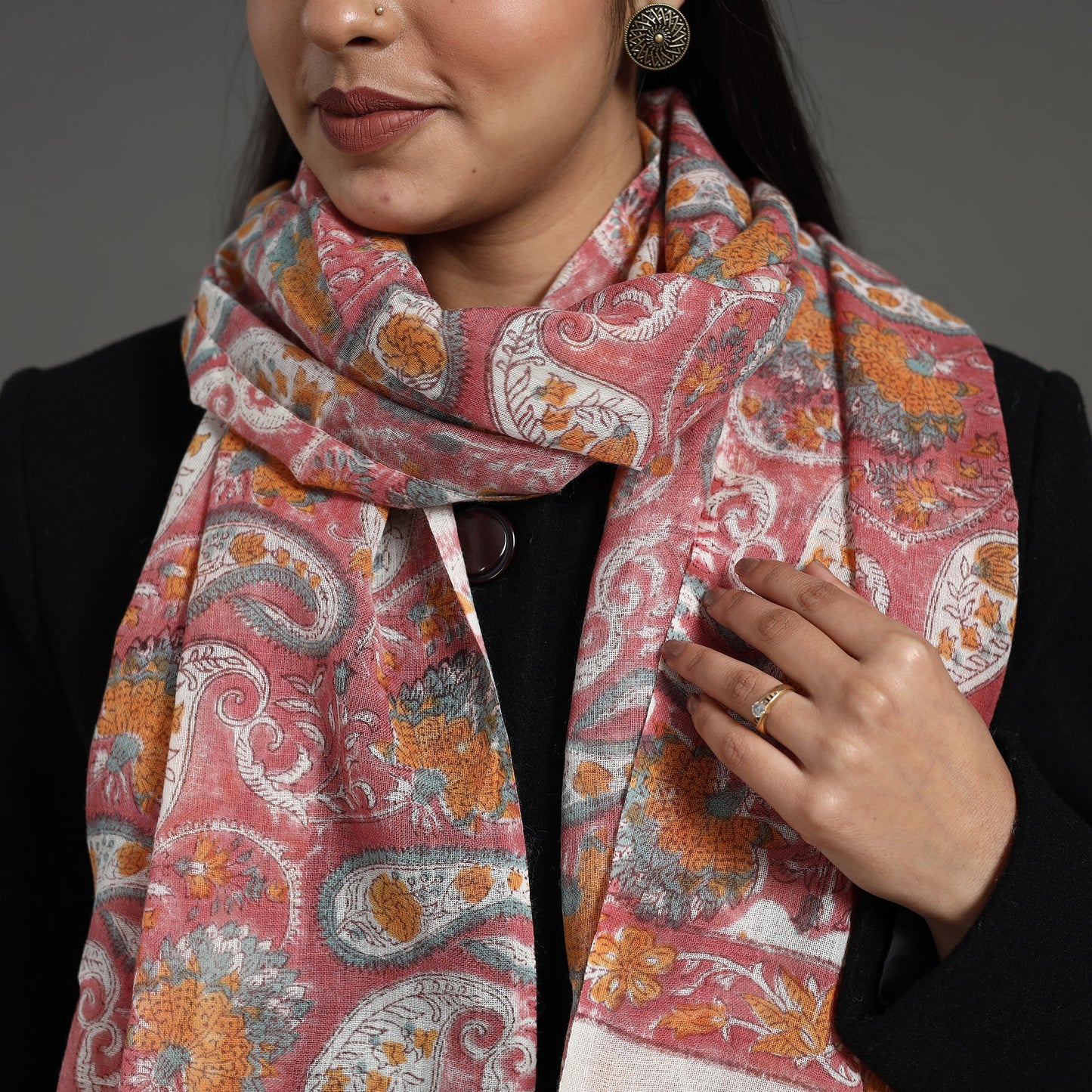 Pink - pure wool sanganeri stole 05 - handcrafted