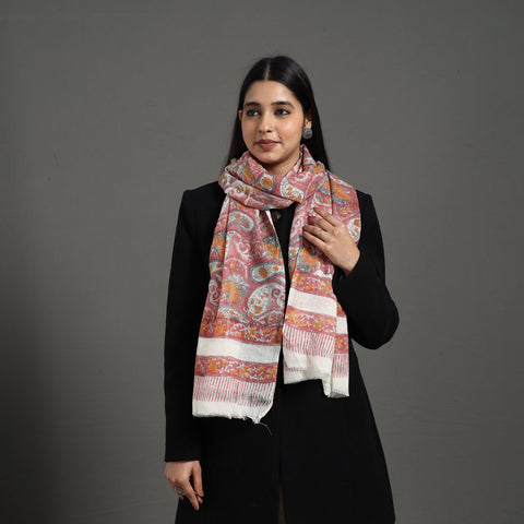 Pink - pure wool sanganeri stole 05 - handcrafted