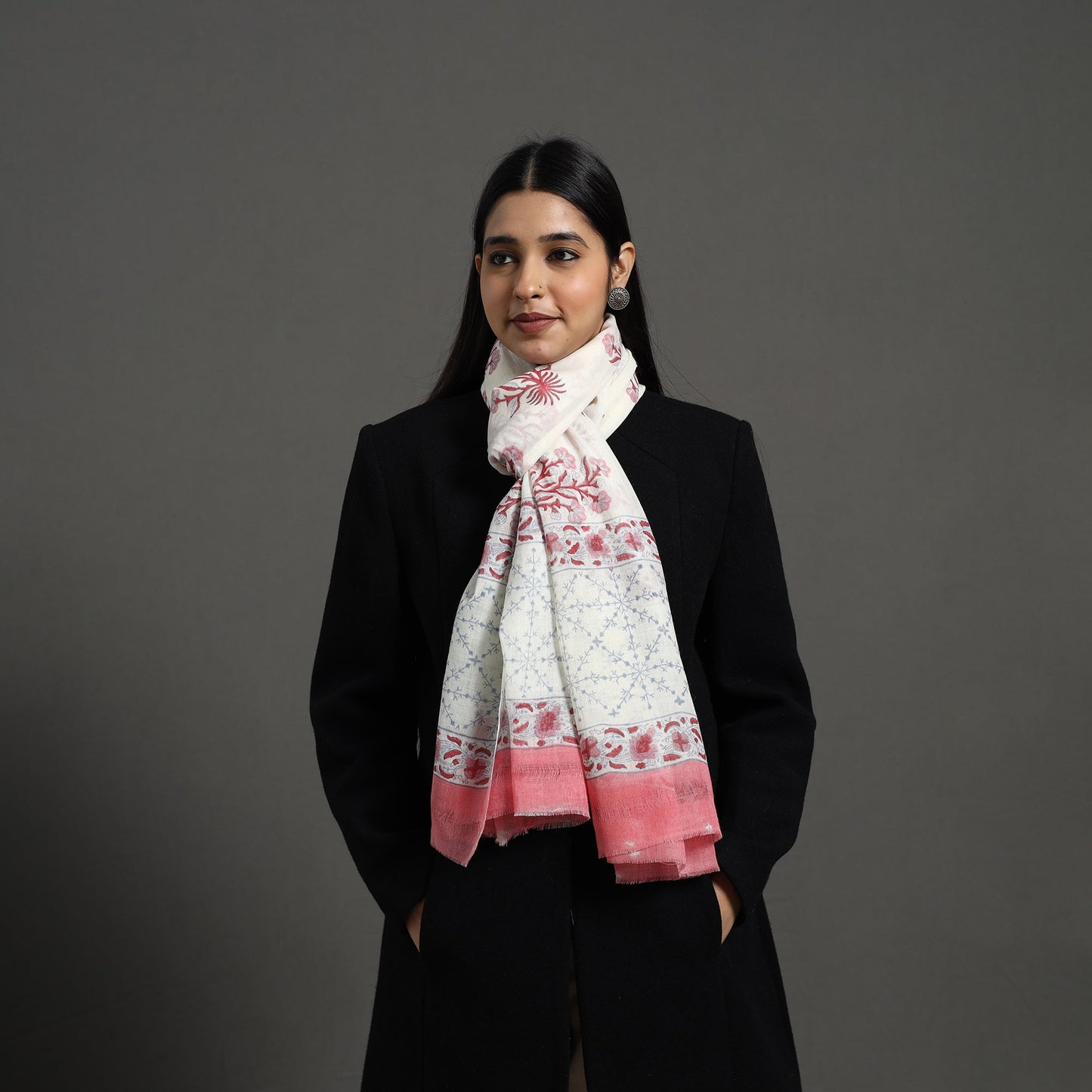 Buy Pure Wool Block Print Pink Sanganeri Stole