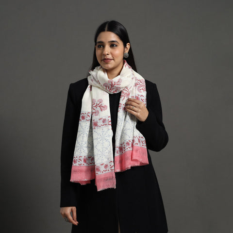 Buy Pure Wool Block Print Pink Sanganeri Stole