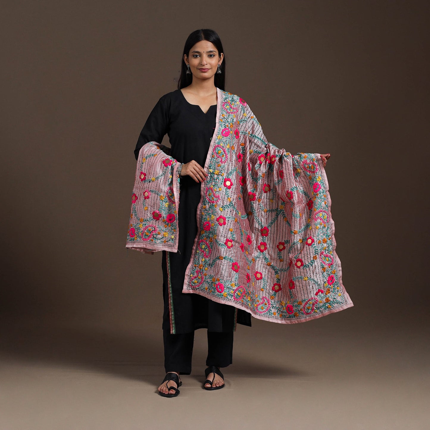 Pink - ranihati chanderi silk hand embroidery dupatta 28