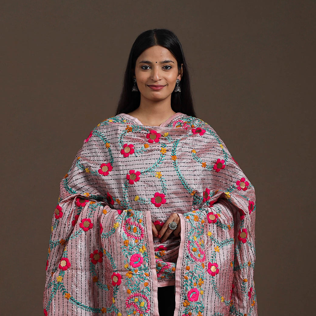 Pink - ranihati chanderi silk hand embroidery dupatta 28