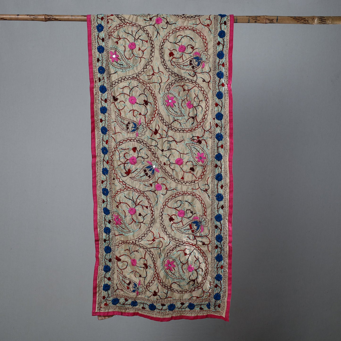 Pink Ranihati Chapa Work Embroidery Chanderi Silk Stole