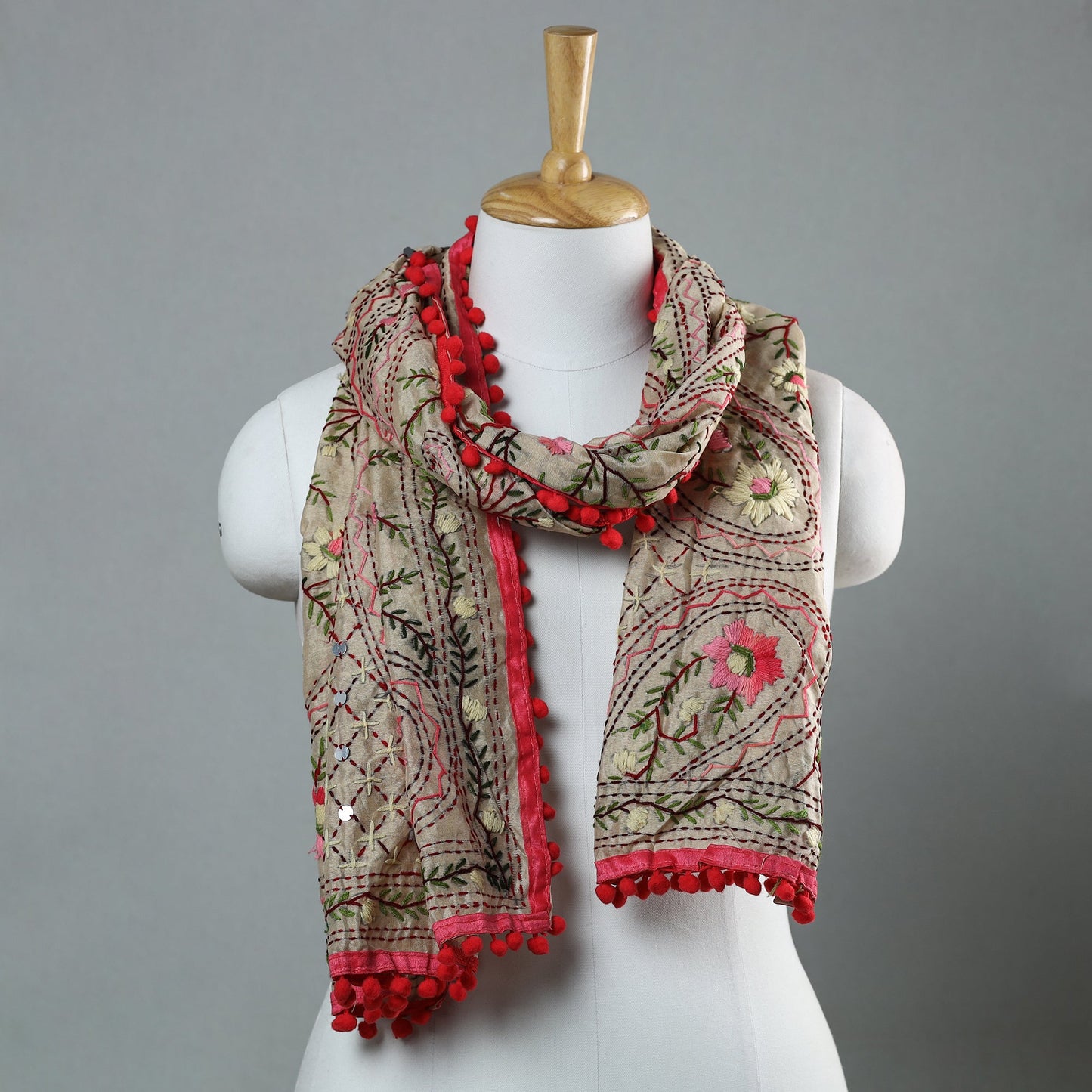 Pink Ranihati Chapa Work Embroidery Chanderi Silk Stole with Pom Pom