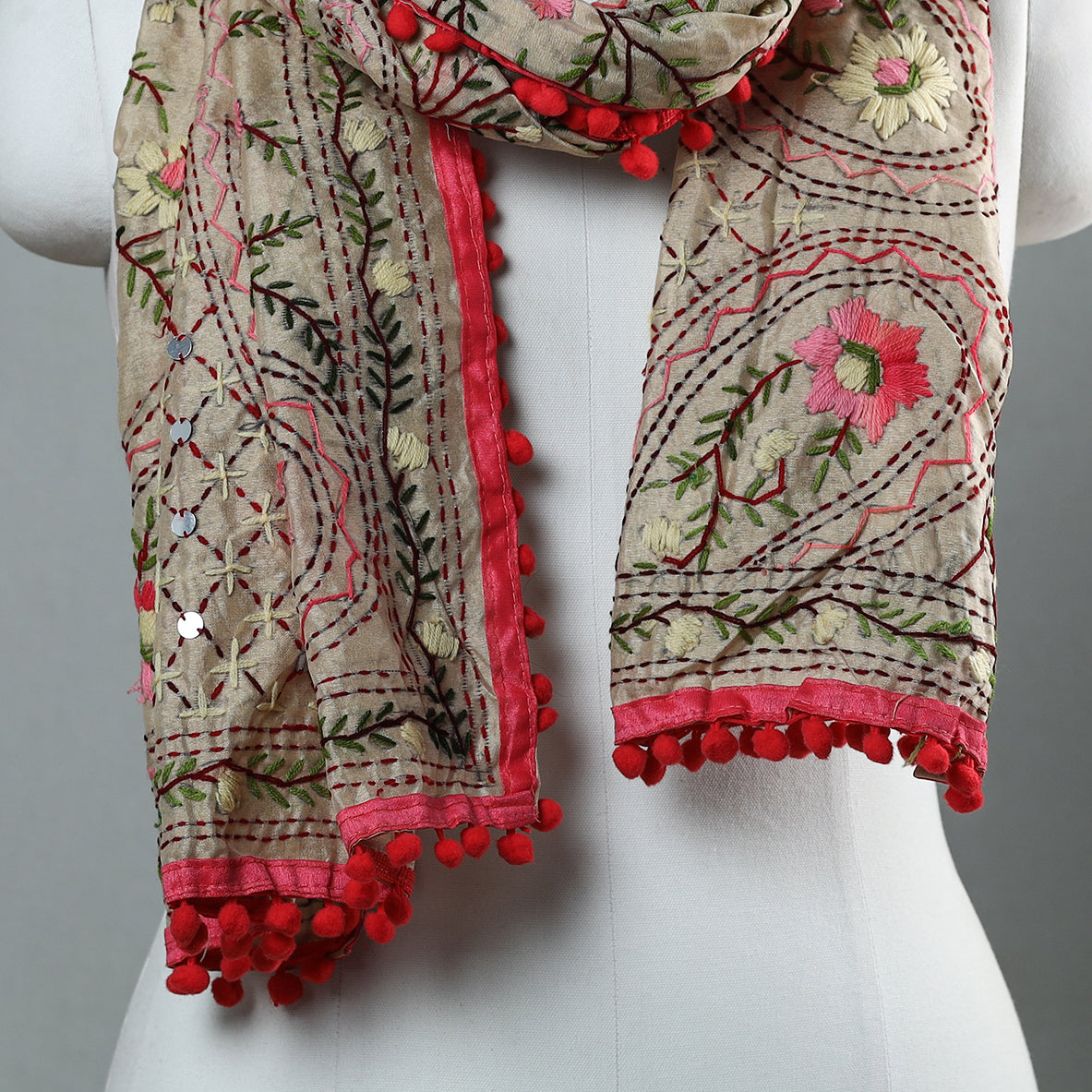 Pink Ranihati Chapa Work Embroidery Chanderi Silk Stole with Pom Pom