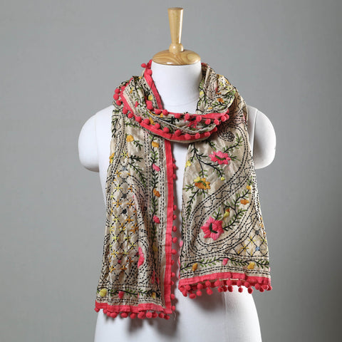 Pink Ranihati Chapa Work Embroidery Chanderi Silk Stole with Pom Pom