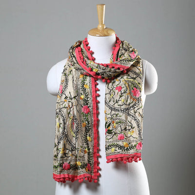 Pink Ranihati Chapa Work Embroidery Chanderi Silk Stole with Pom Pom