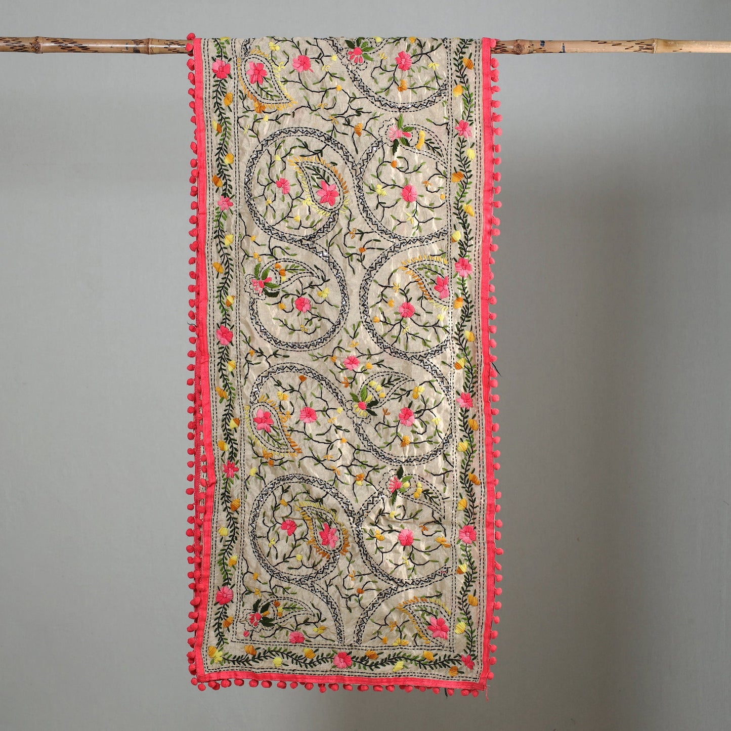 Pink Ranihati Chapa Work Embroidery Chanderi Silk Stole with Pom Pom