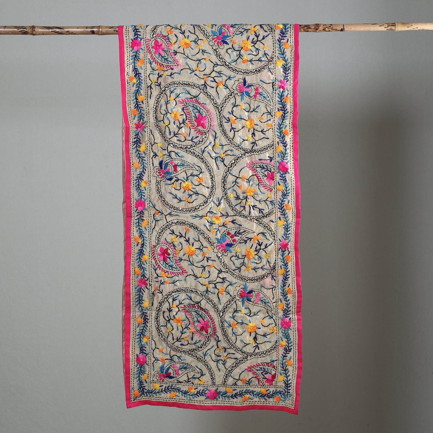 Pink Ranihati Chapa Work Embroidery Chanderi Silk Stole with Pom Pom