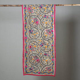 Pink Ranihati Chapa Work Embroidery Chanderi Silk Stole with Pom Pom