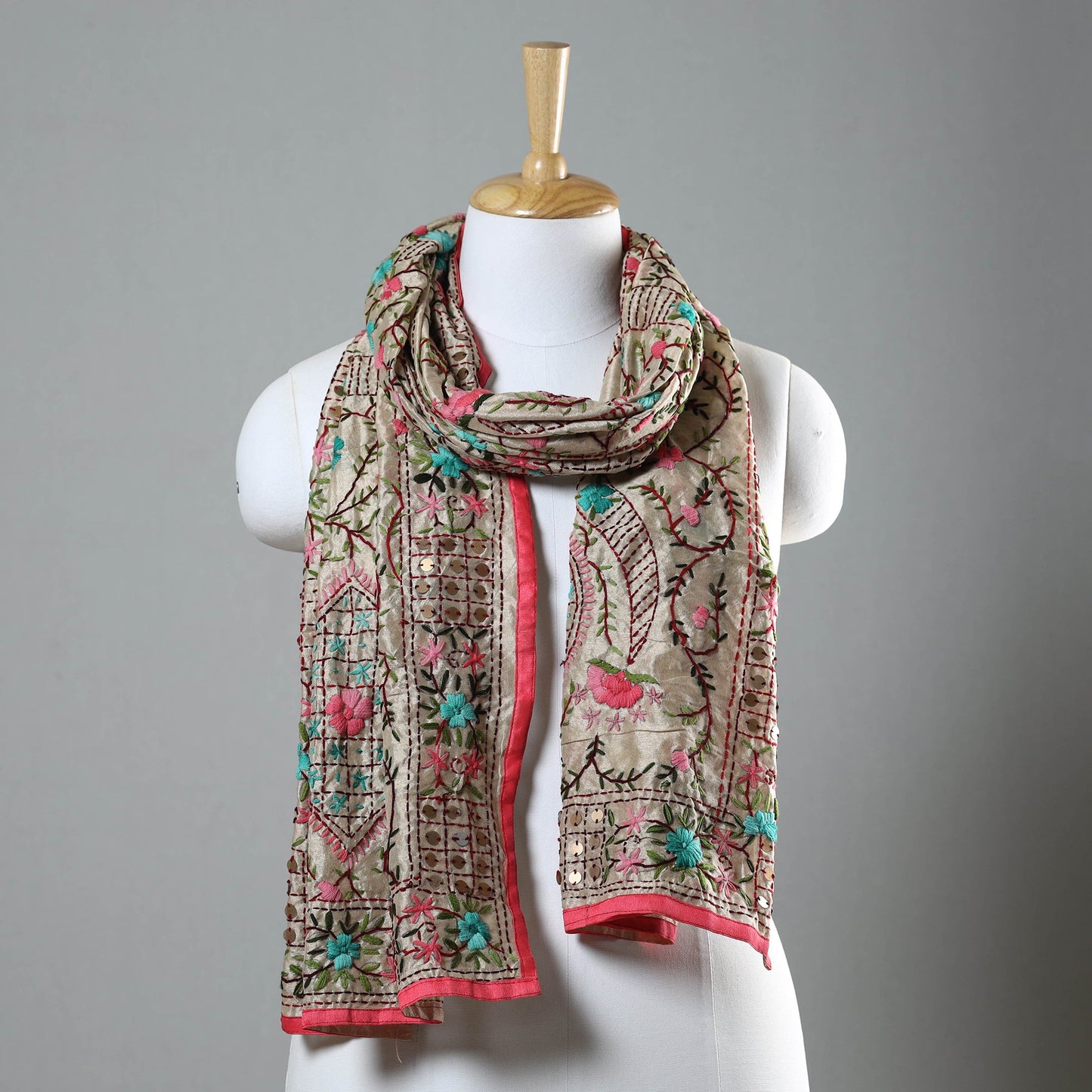 Pink Ranihati Chapa Work Embroidery Chanderi Silk Stole with Pom Pom