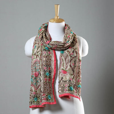 Pink Ranihati Chapa Work Embroidery Chanderi Silk Stole with Pom Pom