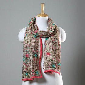 Pink Ranihati Chapa Work Embroidery Chanderi Silk Stole with Pom Pom