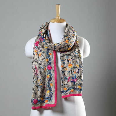 Pink Ranihati Chapa Work Embroidery Chanderi Silk Stole with Pom Pom