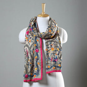 Pink Ranihati Chapa Work Embroidery Chanderi Silk Stole with Pom Pom