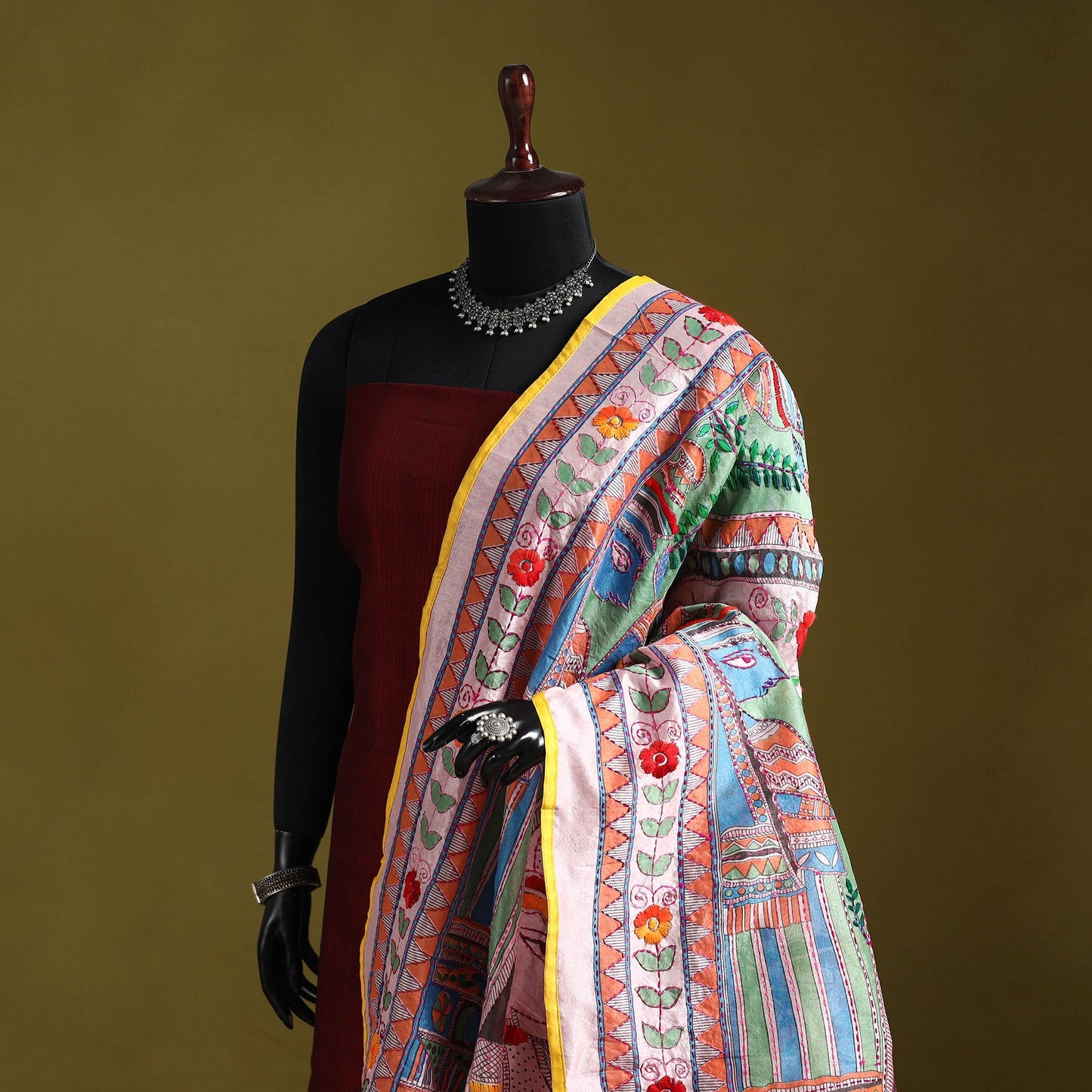 Ranihati madhubani chapa work chanderi silk hand embroidery
