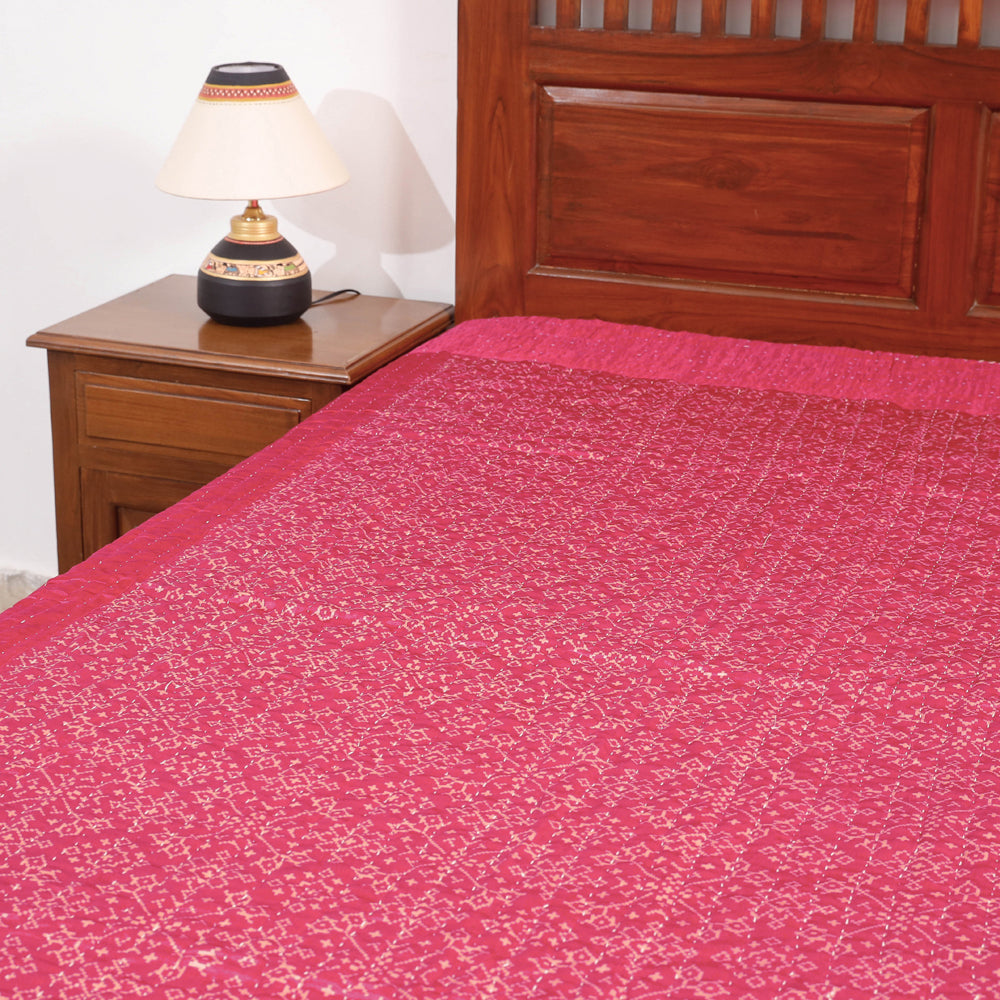  Reversible Ajrakh Patch & Tagai Work Mashru Silk Single Bed Cover / Quilt 