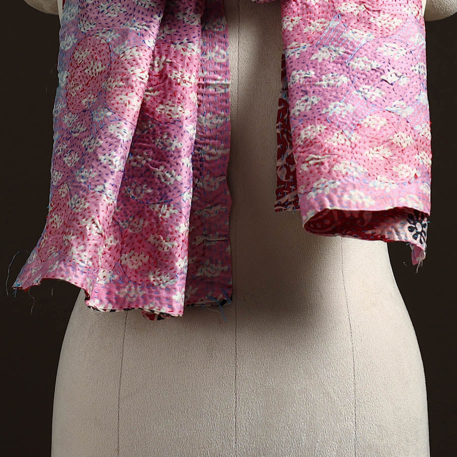 Pink - reversible silk bengal hand kantha stitch stole 136