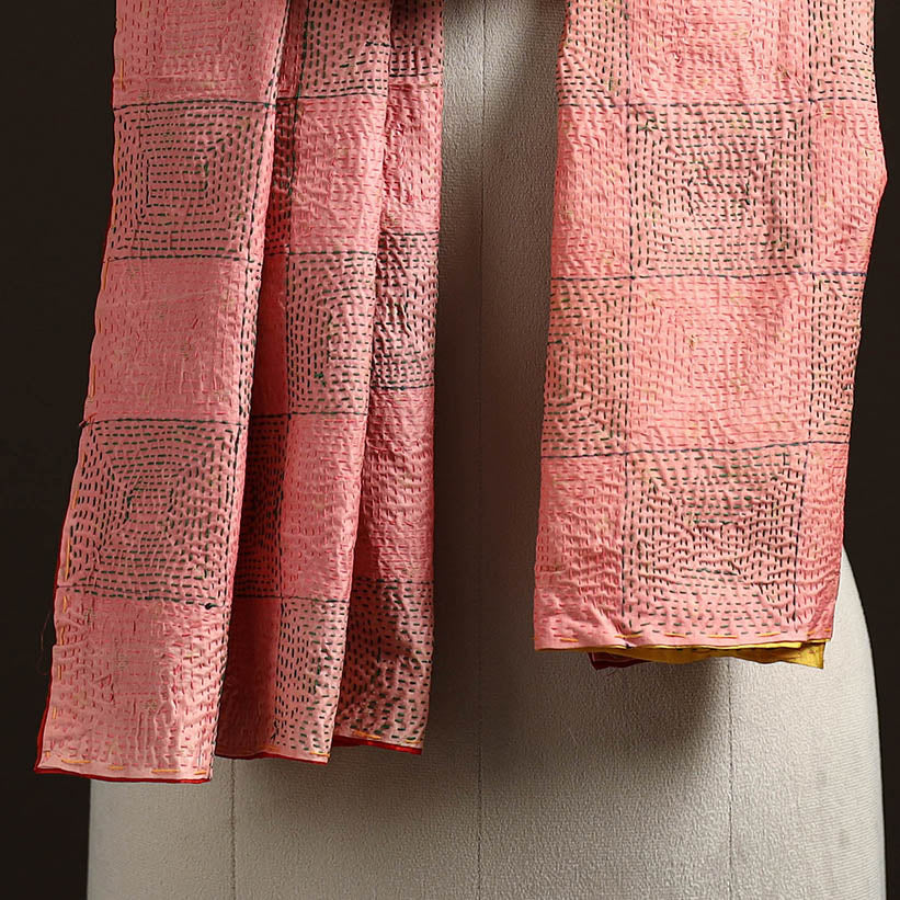 Pink - reversible silk bengal hand kantha stitch stole 145