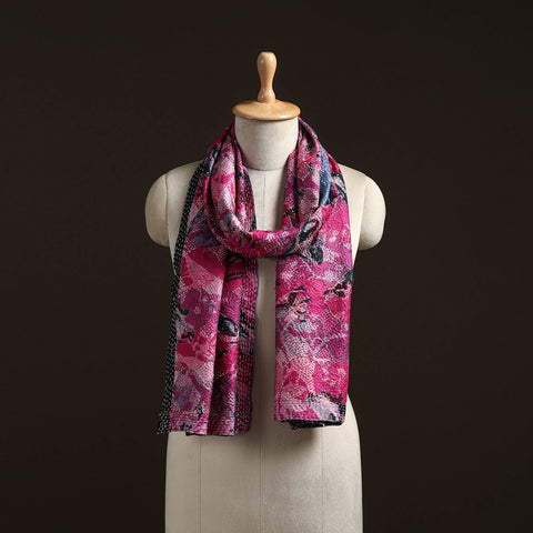 Pink - reversible silk bengal hand kantha stitch stole 188