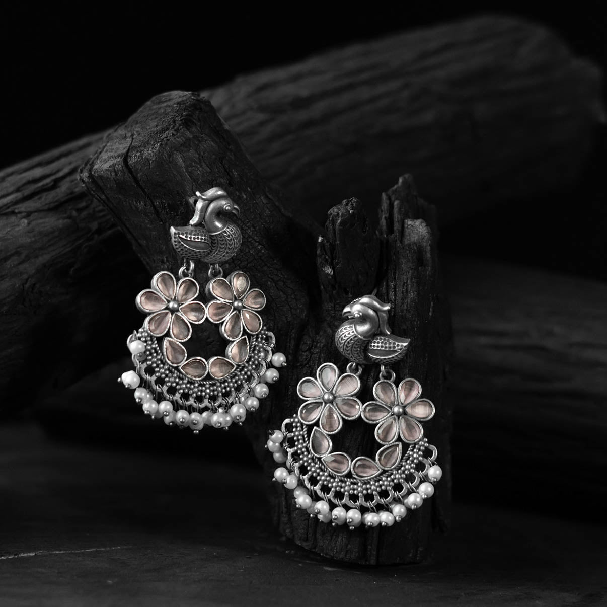 Pink - saanjh bela bird oxidised earrings - handcrafted