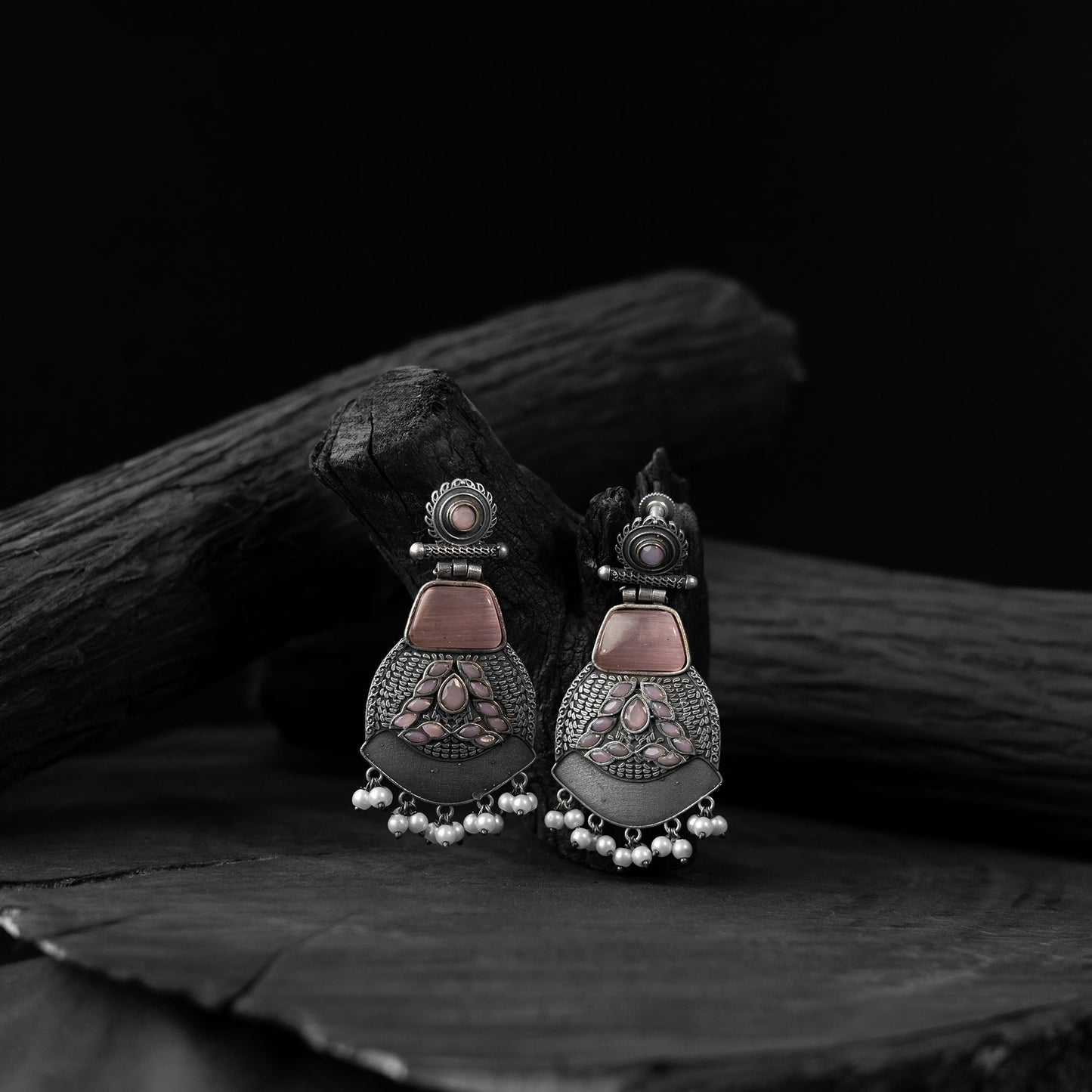 Pink - saanjh bela blossom oxidised earrings - handcrafted