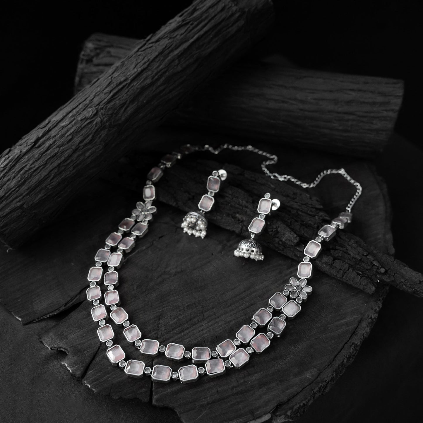 Pink - saanjh bela double layered oxidised necklace set