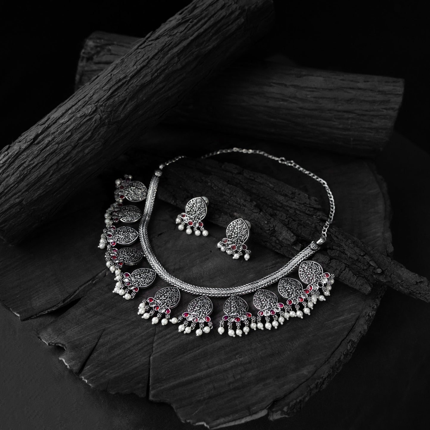 Pink - saanjh bela floral oxidised necklace set