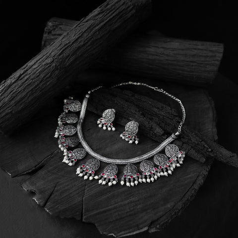Pink - saanjh bela floral oxidised necklace set