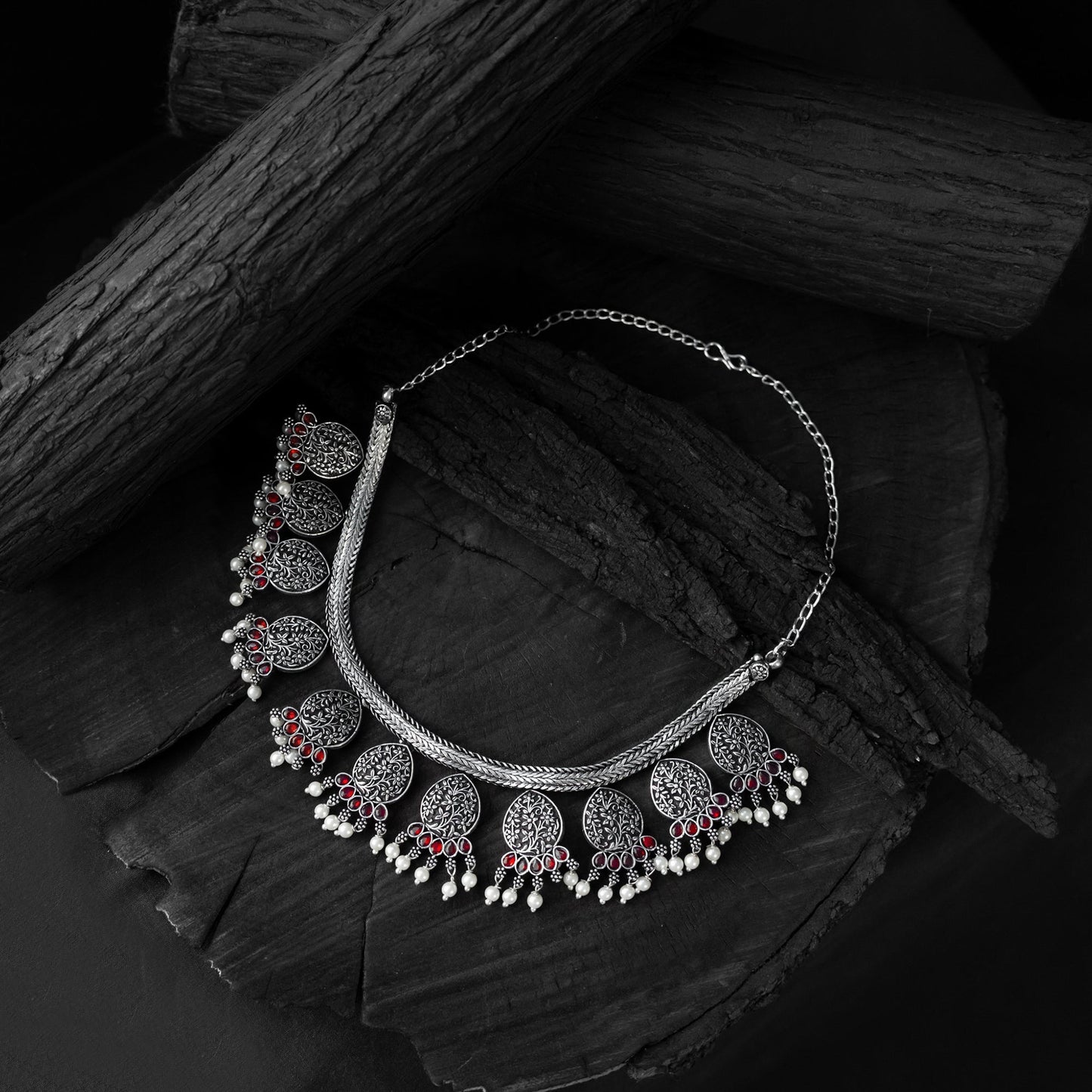 Pink - saanjh bela floral oxidised necklace set