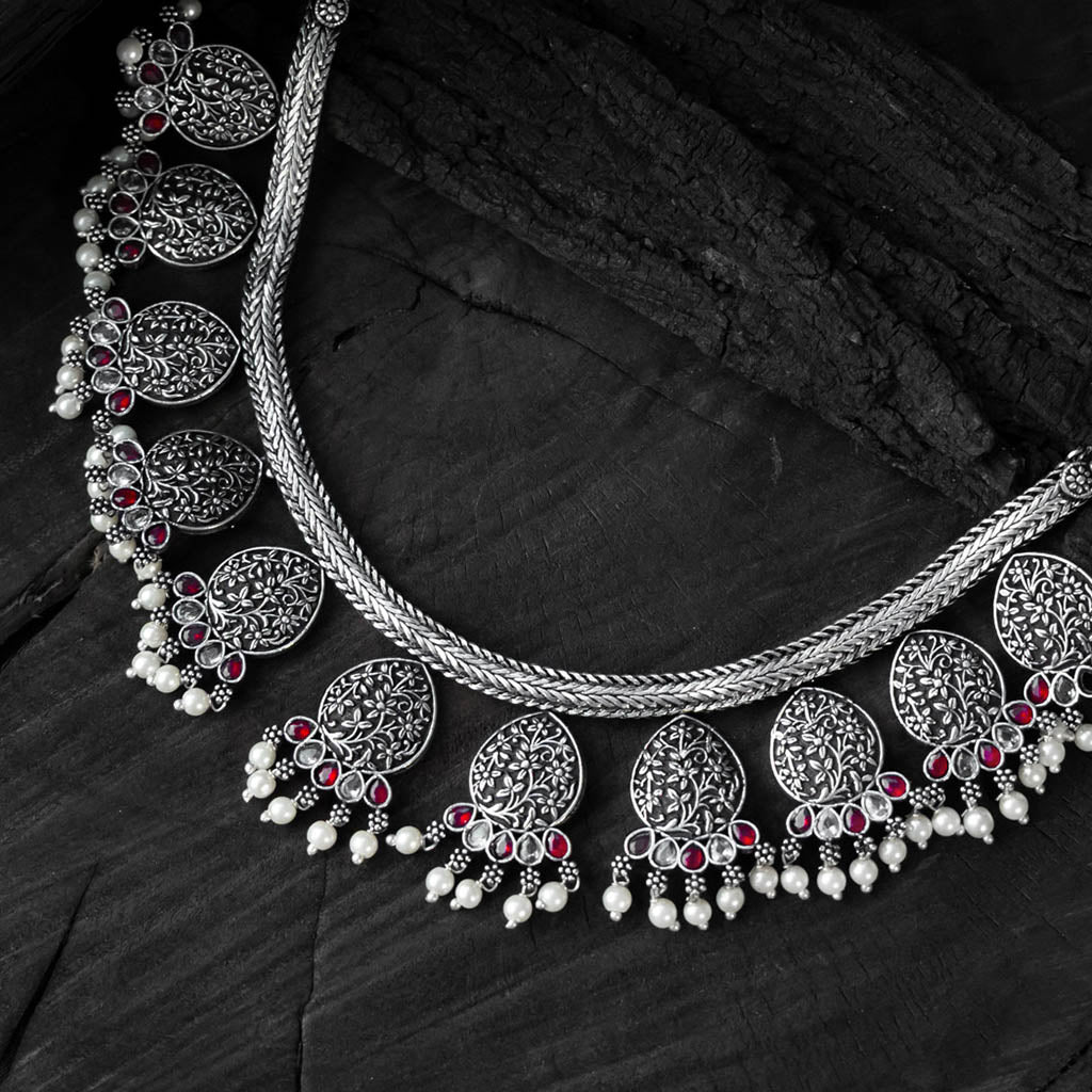 Pink - saanjh bela floral oxidised necklace set