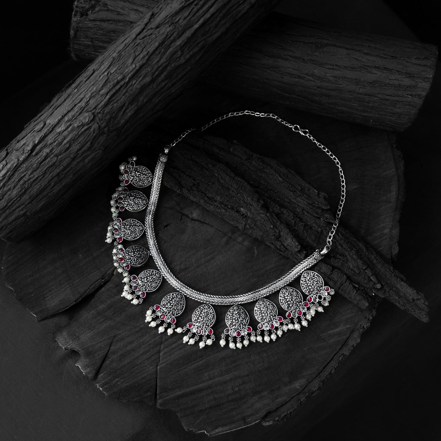 Pink - saanjh bela floral oxidised necklace set