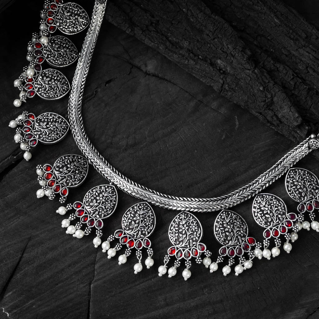 Pink - saanjh bela floral oxidised necklace set