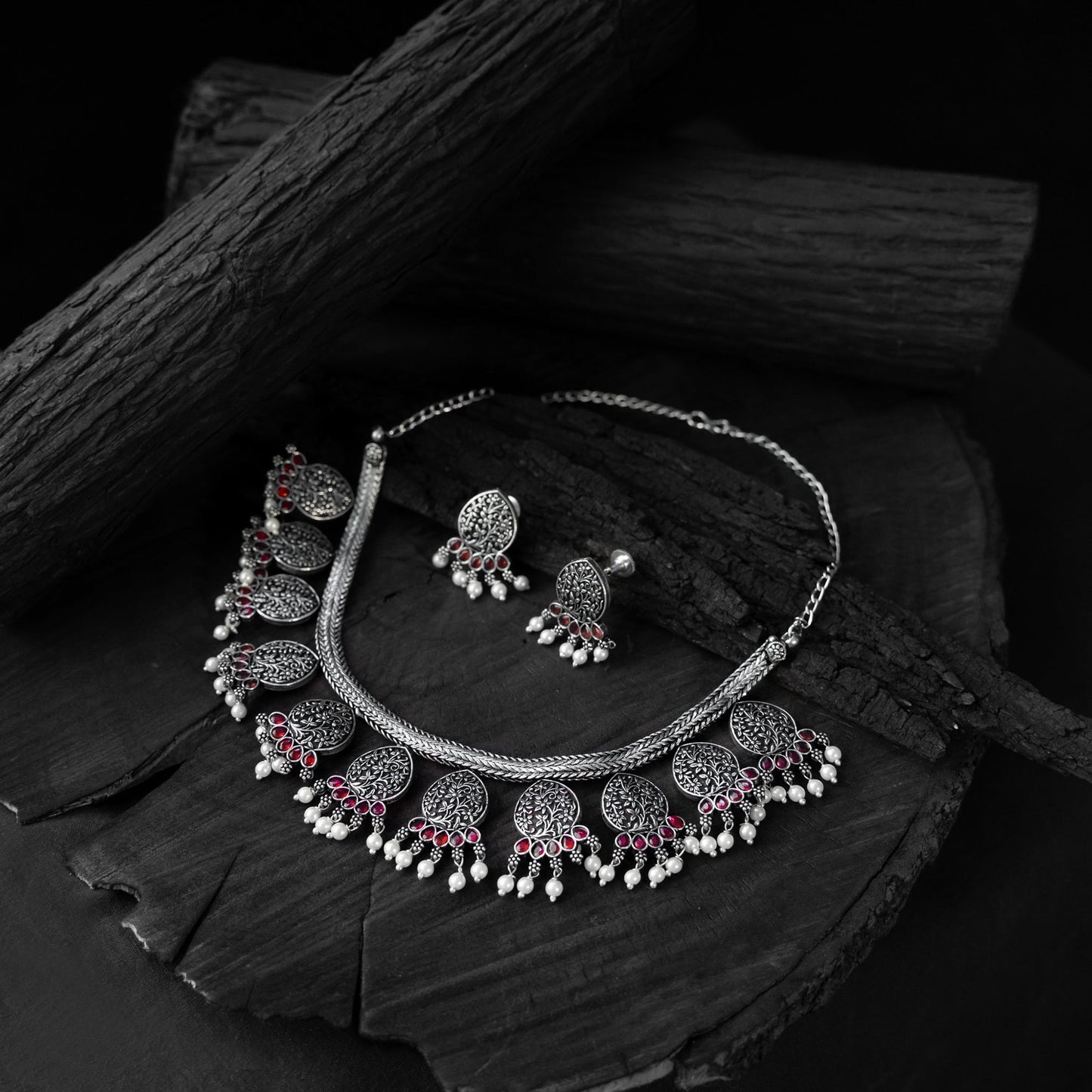 Pink - saanjh bela floral oxidised necklace set