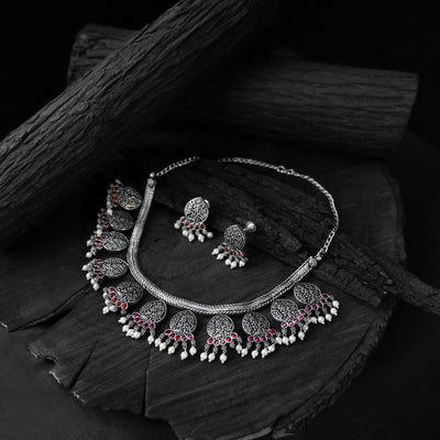 Pink - saanjh bela floral oxidised necklace set