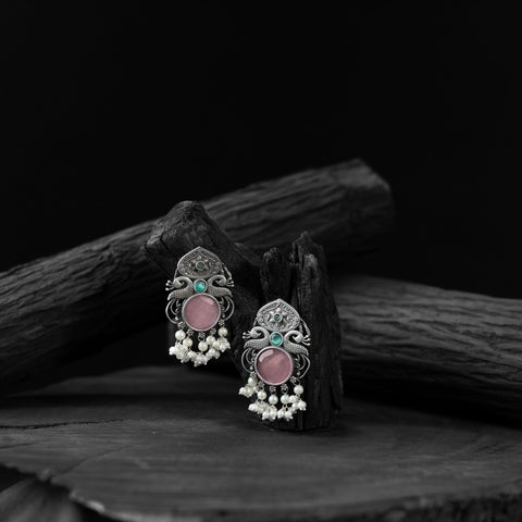 Pink - saanjh bela flower & peacock oxidised earrings