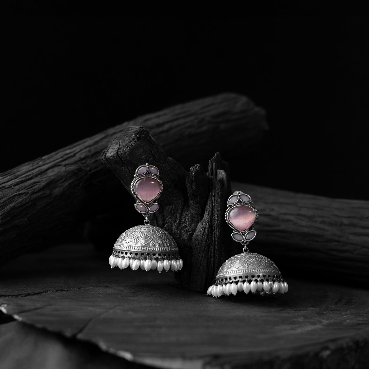 Pink - saanjh bela leaves oxidised jhumka earrings