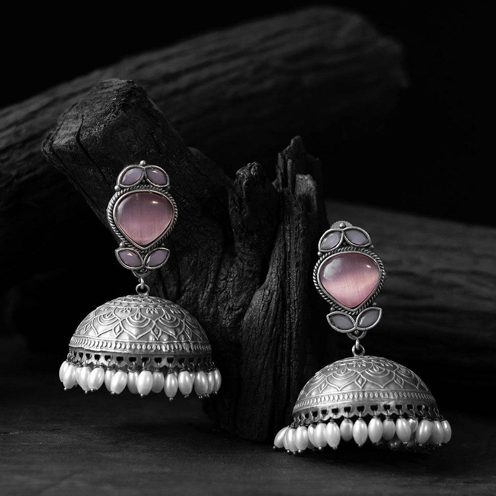 Pink - saanjh bela leaves oxidised jhumka earrings