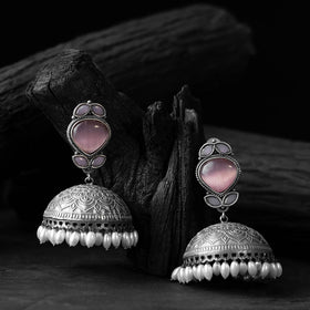 Pink - saanjh bela leaves oxidised jhumka earrings