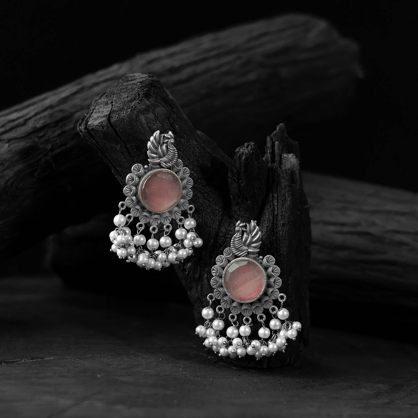 Pink - saanjh bela mayura oxidised earrings - handcrafted