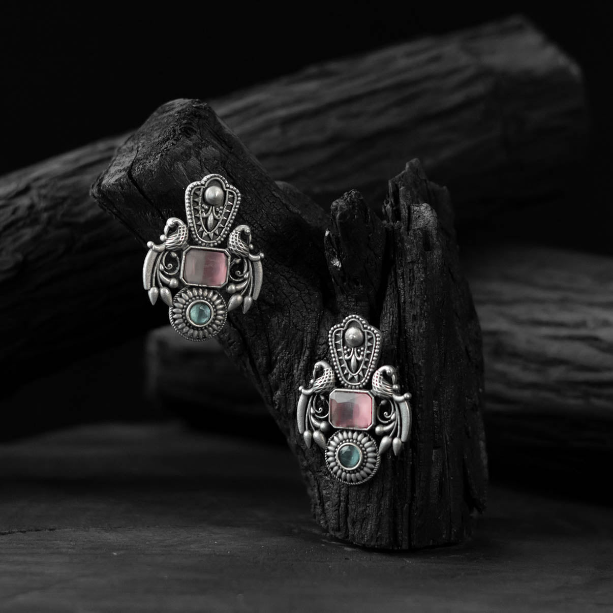 Pink - saanjh bela peacock oxidised earrings - handcrafted