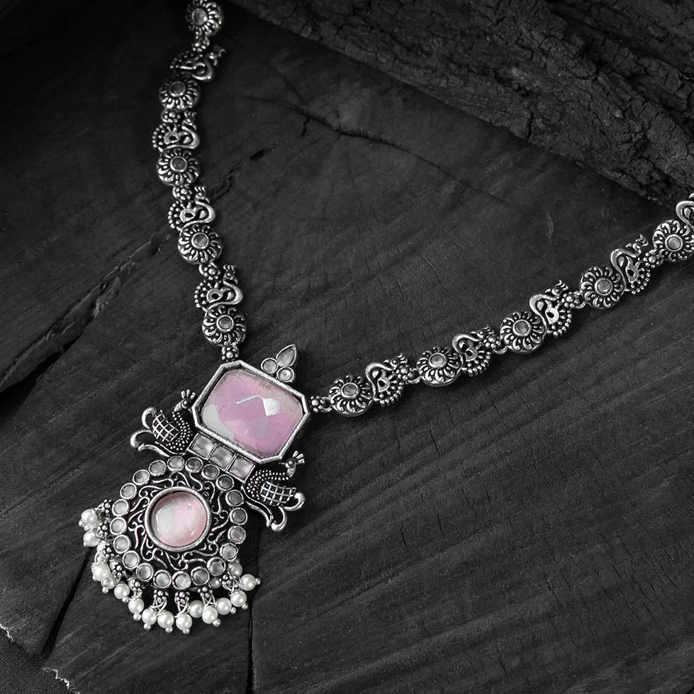 Pink - saanjh bela peacock oxidised necklace set