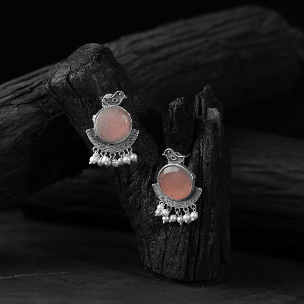 Pink - saanjh bela sparrow oxidised earrings - handcrafted