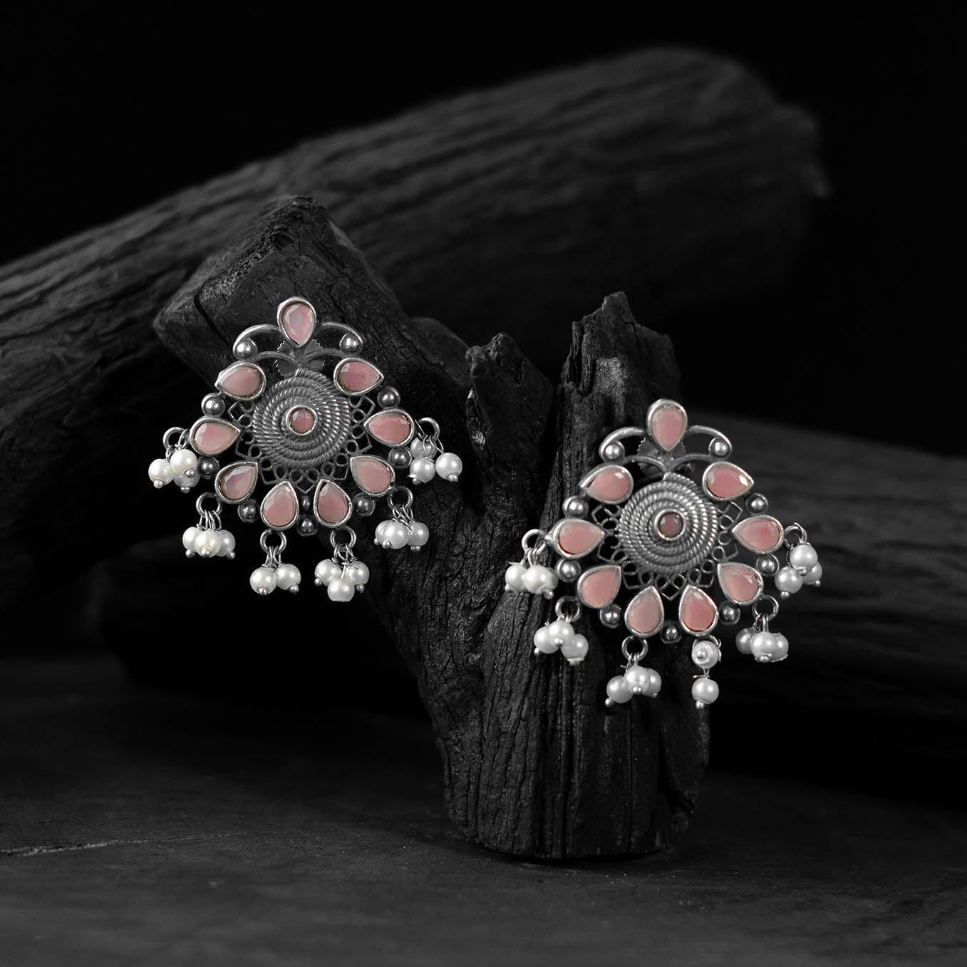Pink - saanjh bela stone oxidised earrings - handcrafted