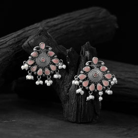 Pink - saanjh bela stone oxidised earrings - handcrafted