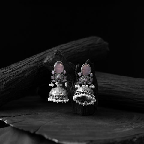 Pink - saanjh bela stone oxidised jhumka earrings