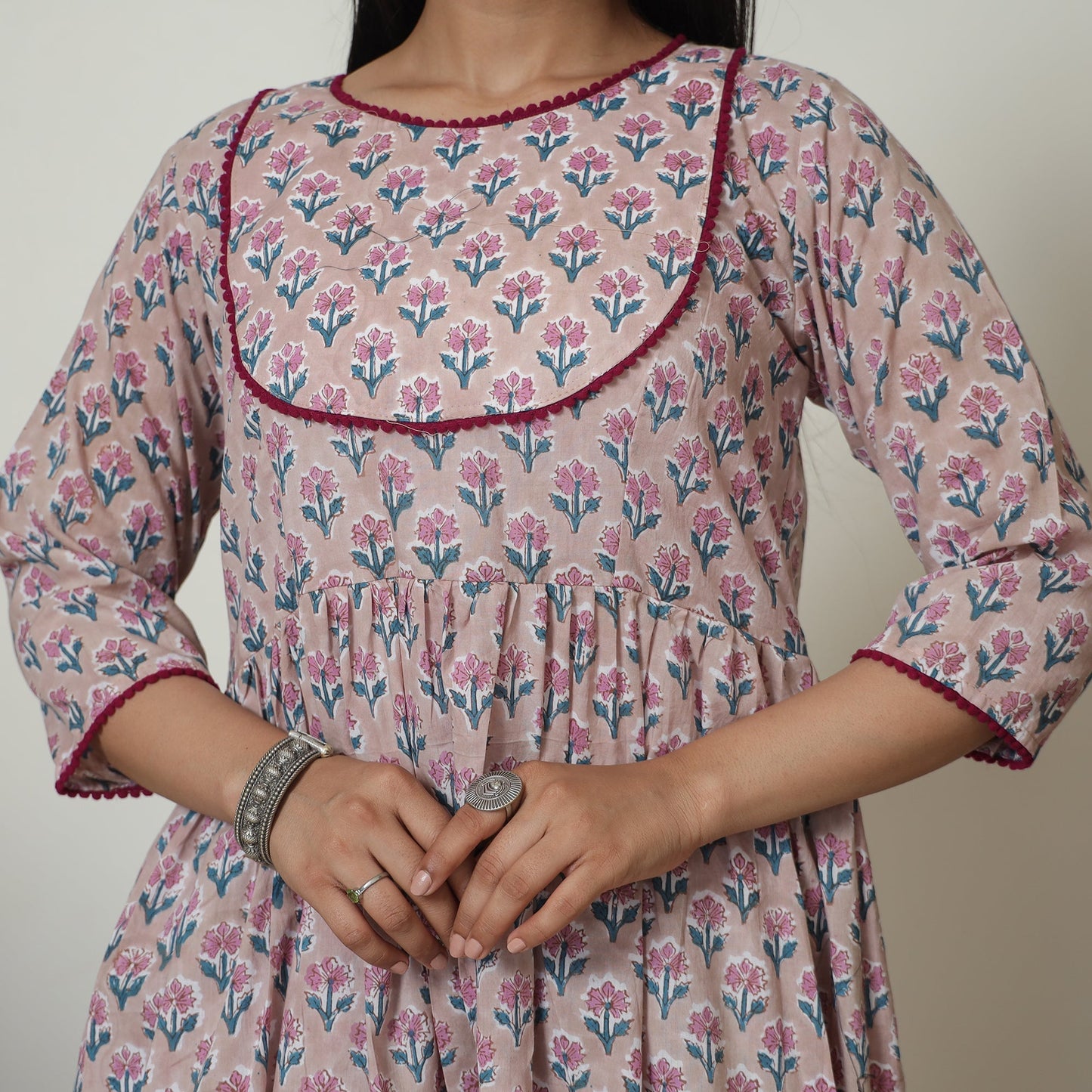 Pink - sanganeri printed cotton kali kurta with palazzo set